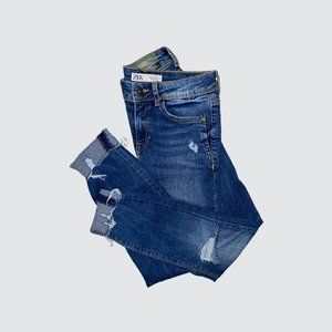 Zara Mid Rise Premium Wash Distressed Skinny Jeans